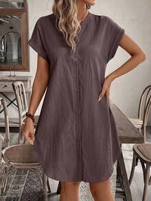 SHEIN Tall CURVE Đầm cotton đơn giản, màu trơn, cài cúc đơn dành cho nữ cỡ lớn - màu nâu - Xem 6