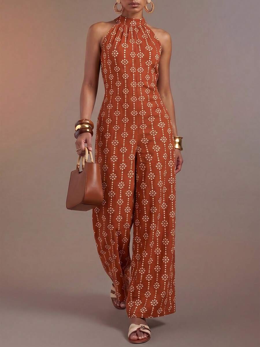 Mono de mujer casual con estampado total y cuello halter