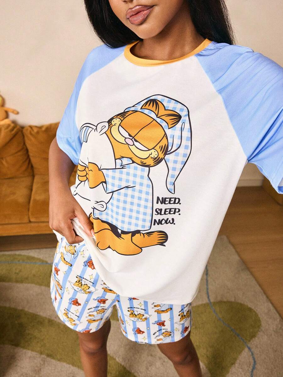 GARFIELD | SHEIN 女士卡通印花插肩袖T恤和短裤睡衣套装 - 彩色 - 查看 1