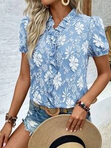 EMERY ROSE Elegant V-Neck Ruffle Petal Sleeve Jacquard Textured Fabric Women Blouse - Blue - View 5