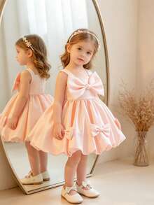 Glamorique Kids Vestido de satén con lazo y cuentas para niñas, vestido de niña de las flores para boda, fiesta de cumpleaños, actuación en el escenario, vestido de princesa, lindo vestido de fiesta para niños - Rosa - Ver 2