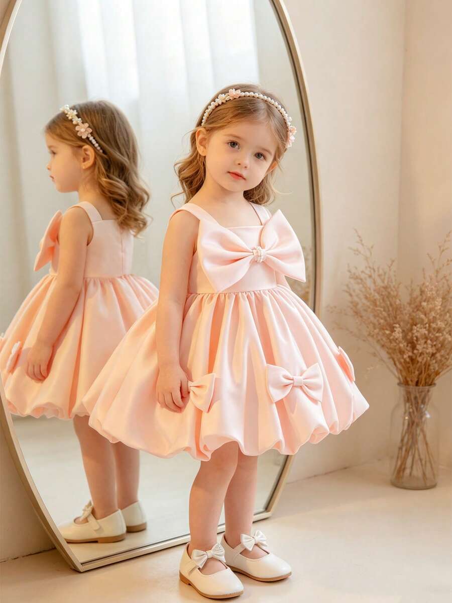 Glamorique Kids Vestido de satén con lazo y cuentas para niñas, vestido de niña de las flores para boda, fiesta de cumpleaños, actuación en el escenario, vestido de princesa, lindo vestido de fiesta para niños