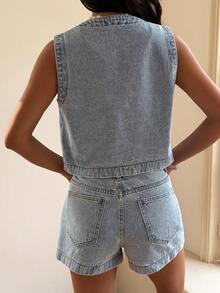 DAZY Ensemble de gilet et shorts effet jean pour femmes - Jean clair - Voir 3