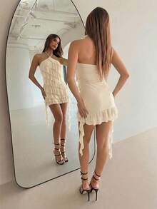 Aloruh White,Summer,70s,Party Y2K Music Festival Bohemian Elegant Halter Multilayer Ruffle Waist Asymmetrical Hem Mesh Mini Summer Dresses For Women - Beige - View 7