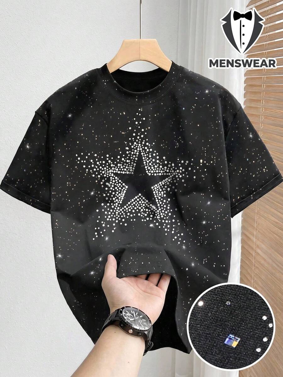 Manfinity X 男士黑色星空宇宙印花短袖上衣,高级定制奢华休闲单品,时尚休闲银箔印花短袖T恤,夏季星空衬衫街头服饰上衣 - 黑色 - 查看 1