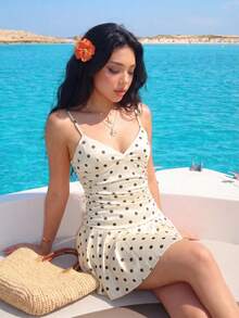 Sweetina 女士黄色性感优雅派对纯色褶皱修身休闲无袖迷你连衣裙，内含短裤，夏季 - 卡其色 - 查看 3