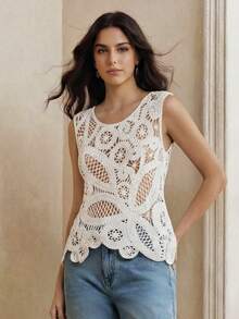 女士镂空针织背心，休闲度假款 - 白色 - 查看 6