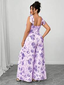 Elenzga Bộ jumpsuit xếp ly in họa tiết dành cho nữ cỡ lớn, thanh lịch và co giãn, thiết kế vạt chéo ngực, eo thắt, dây buộc hình bướm, phù hợp cho kỳ nghỉ hè, tiệc trà chiều, đi chơi, đi làm, đa năng. - Nhiều màu - Xem 2