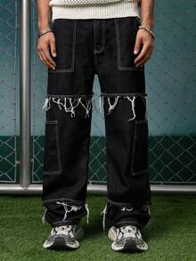 EVRINFINITE Quần Jeans Nam Phong Cách Grunge Goth Y2K Thường Ngày Tua Rua Trẻ Trung Đường Phố Cá Tính Thể Thao Đại Học Rộng Rãi Ống Rộng Đa Năng Thường Ngày - màu đen - Xem 5