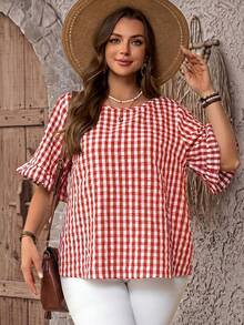 EMERY ROSE Plus Size Summer Casual Vacation Plaid Round Neck Short Sleeve Shirt - Red - View 5
