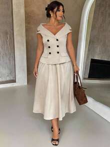 Firerie Plus Size Women's Beige Summer Smart Casual Office Elegant Minimalist Off-Shoulder Blazer Double-Breasted Jacket & High-Waist Umbrella Skirt Set - Khaki - View 1
