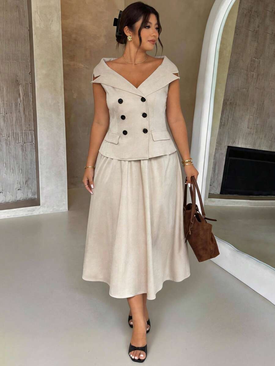 Firerie Plus Size Women's Beige Summer Smart Casual Office Elegant Minimalist Off-Shoulder Blazer Double-Breasted Jacket & High-Waist Umbrella Skirt Set - Khaki - View 1