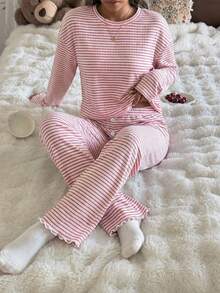 SHEIN Conjunto de pijama de mujer casual con cuello redondo, manga larga y estampado de rayas suelto - Rosa Pálido - Ver 7