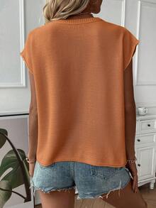 EMERY ROSE Chaleco de punto casual de cuello redondo de color contrastante para mujer - Óxido marrón - Ver 2