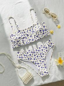 SHEIN Swim Mod Floral Trim Cute Sweet Retro Casual Beach Vacation Women Swimsuit Set - Blue - View 2