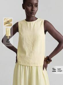 Ontre Débardeur en lin pour femme de style bohème, de couleur jaune crème, avec un design dos nu, col rond, sans manches, avec un nœud papillon dans le dos. Idéal pour les vacances à la plage, avec une atmosphère exotique et un style western de haute qualité. Tissu confortable et mode urbaine décontractée pour femmes. - Jaune clair - Voir 5