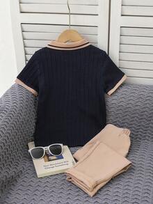 2pcs Young Boy Summer Gentleman Outfit,Short Sleeve Knitted Polo Shirt & Khaki Pants Set For Back-To-School,Career Day,Wedding,Party,Formal Suit - Navy Blue - View 2
