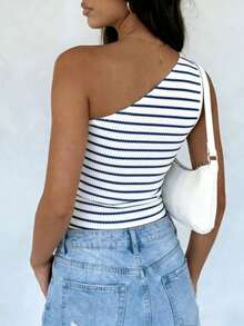 INAWLY Women's Contrast Color Striped Asymmetrical Shoulder Top - Multicolor - View 2