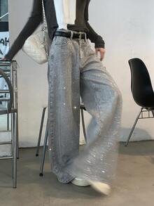 Dazy Tall Jeans casuales de pierna recta con adornos de strass para mujeres altas - Gris - Ver 7