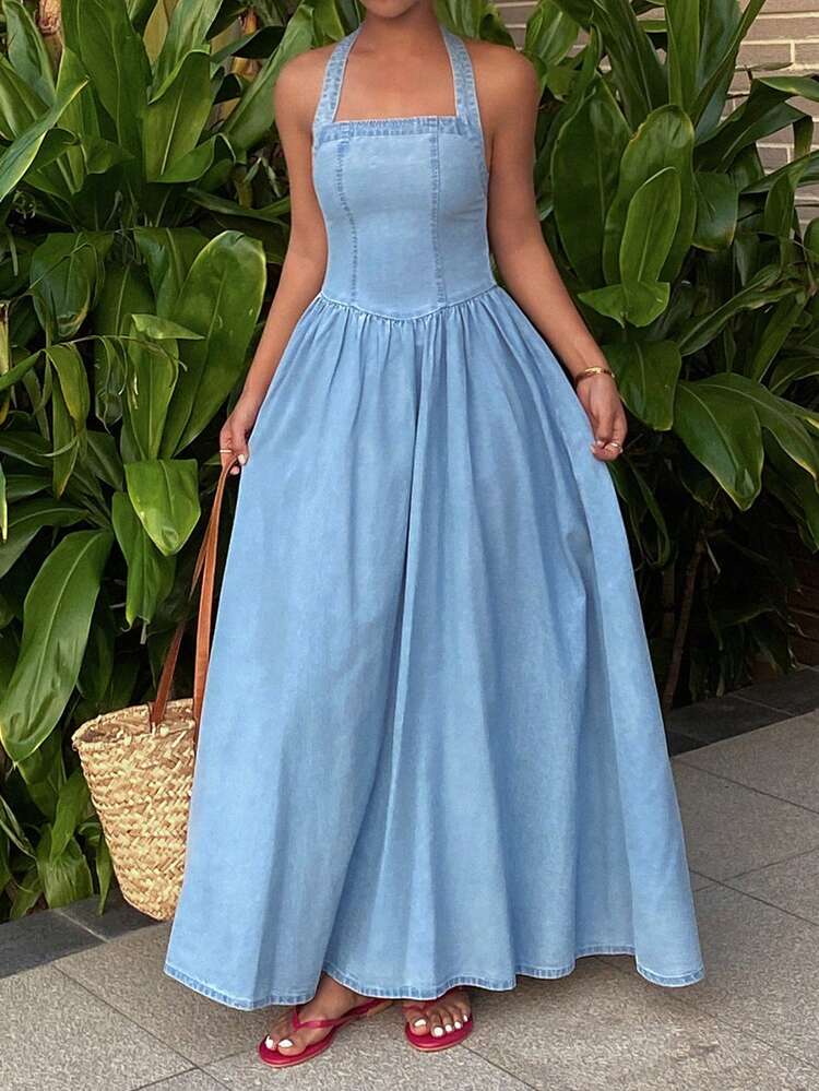 Women's Waist Cinched Halter Casual Elegant Long Denim Dress, Vacation Style Sun Dresses For Women