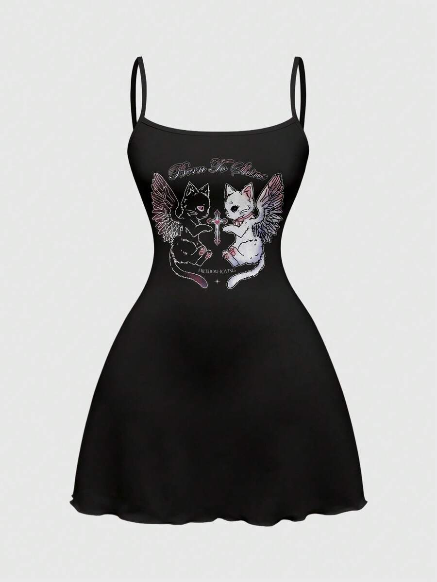 ROMWE Vestido mini de impresión total para mujer con diseño de gato sagrado oscuro, corazón, alas y estilo sexy oscuro - Negro - Ver 1