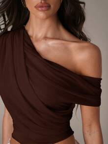 SHEIN BAE Women's Solid Color Asymmetric Neckline Ruched Elegant Blouse,Summer Top - Coffee Brown - View 5