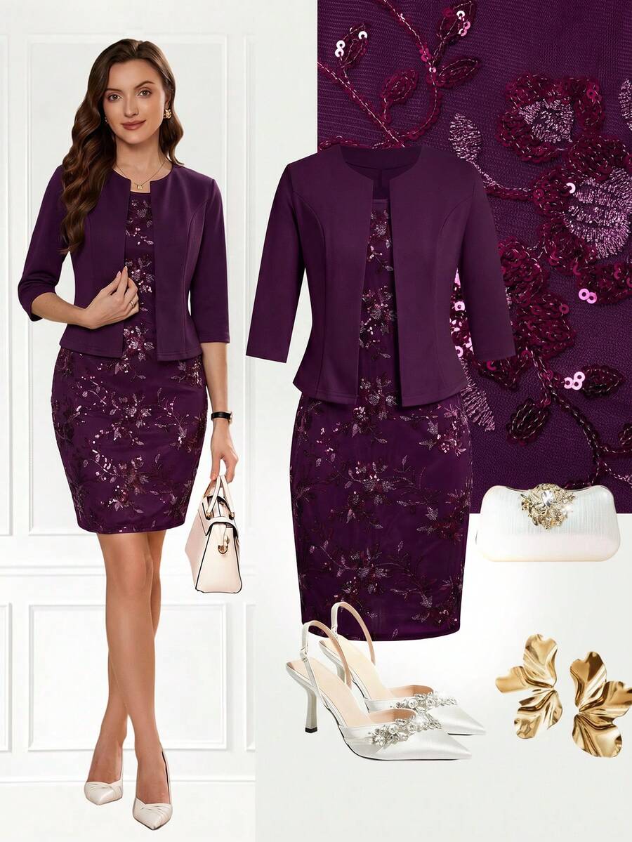 Ellevyn Bộ 2 món gồm váy dự tiệc đính sequin và áo khoác tay ngắn ôm dáng dành cho nữ. - Màu tím - Xem 1