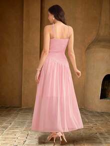 Modelyn Vestido elegante con diseño de capas, espalda descubierta, plisado de unicolor y volante en el bajo - Rosa - Ver 8