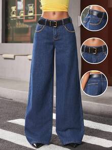 Jeanoix Rivet Decor Navy Blue Leather Belt Low Waist Wide Leg Jeans Everyday Summer Casual - Blue - View 1
