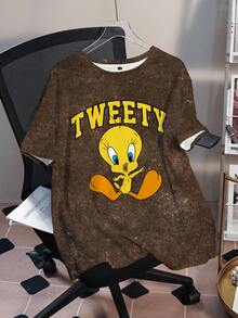 LOONEY TUNES X SHEIN Plusstorlek Rund hals Kortärmad Trendig Mönstrad Sommar-T-shirt - Vitt - Visa 1