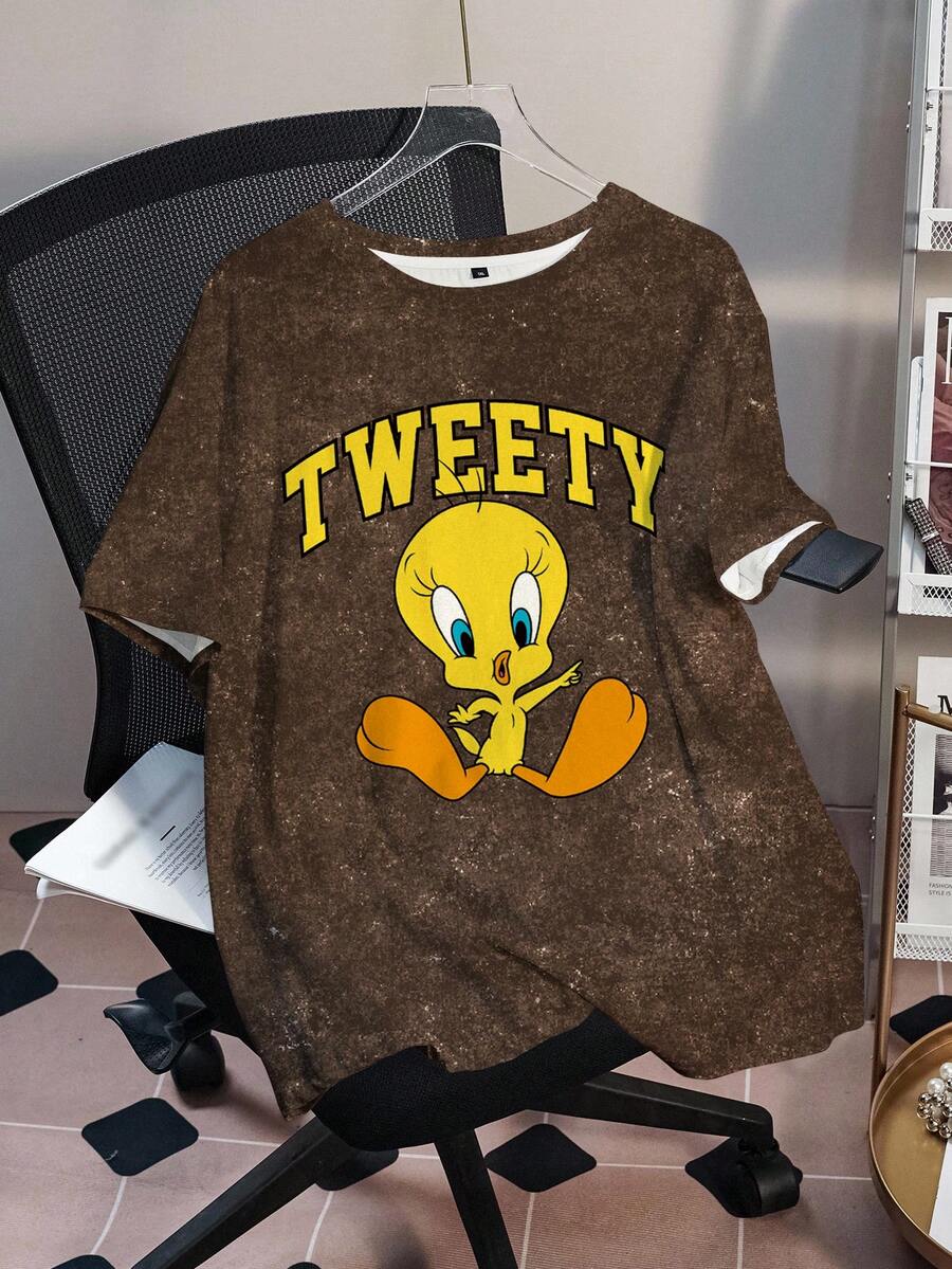 LOONEY TUNES X SHEIN Plusstorlek Rund hals Kortärmad Trendig Mönstrad Sommar-T-shirt - Vitt - Visa 1