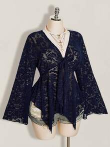 SHEIN ICON 大尺碼 V 領不對稱下擺喇叭袖緹花針織上衣，仙女風復古 Y2K 喇叭袖上衣 - 藏蓝色 - 查看 1