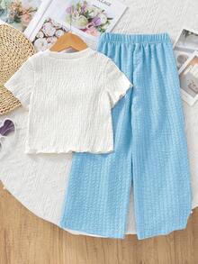 Genkimix Kids 2pcs/Set Young Girls Textured Tee With 3D Floral Decor & Casual Long Pants, Suitable For And Casual Outings - Baby Blue - View 3