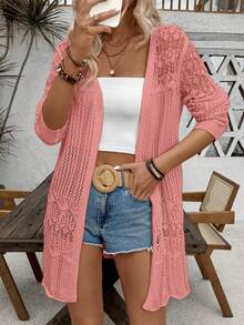 SHEIN LUNE Áo khoác cardigan dài tay nữ màu trơn khoét lỗ, kiểu dáng thường ngày - Màu Hồng  Dưa hấu - Xem 4