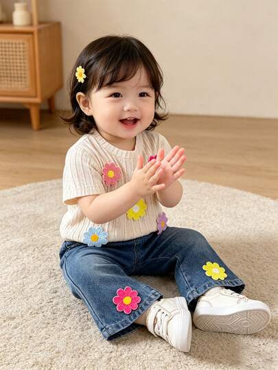 SHEIN Playful Pals 女童针织杏色麻花短袖印花T恤和牛仔花朵口袋裤套装，休闲可爱