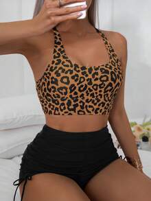 Swim Lushoire Leopard Print Top And Solid Color Briefs Bikini Set, Vacation Beach - Multicolor - View 4
