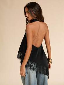 SHEIN BAE Áo không tay cổ yếm bằng satin đen với tua rua, vạt áo bất đối xứng, trang phục gợi cảm, thanh lịch cho buổi hẹn hò đêm xuân/hè. - màu đen - Xem 2
