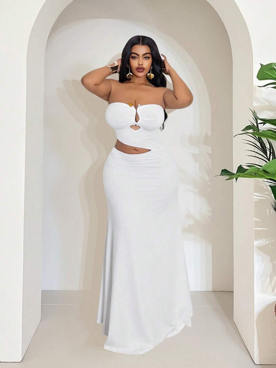 Maweii Vestido de verano de unicolor y sexy con diseño calado para tallas grandes - Blanco - Ver 1