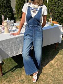 Women's V-Neck Urban Casual Denim Bib Pants And Jumpsuit - Medium Wash - View 2