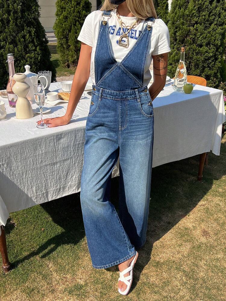 Women's V-Neck Urban Casual Denim Bib Pants And Jumpsuit