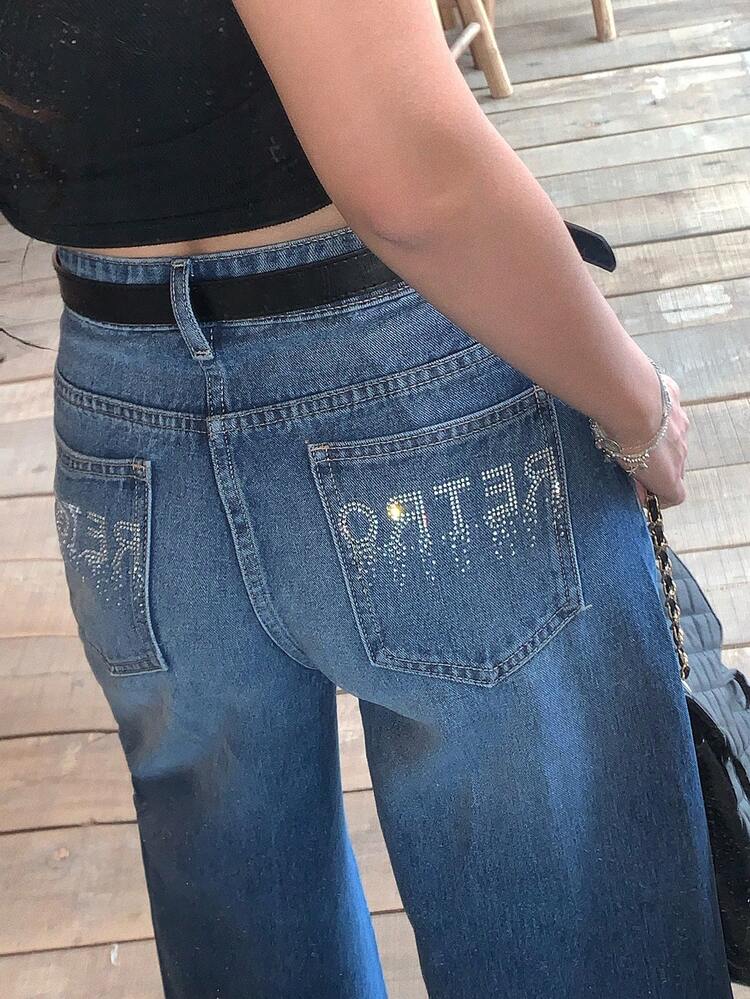 Women's Regular Waist Rhinestone Embellished Loose Straight Leg Casual Jeans