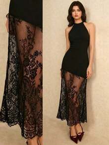 Poéselle Robe d'été élégante pour femmes, de couleur unie avec empiècement en dentelle - Noir - Voir 1