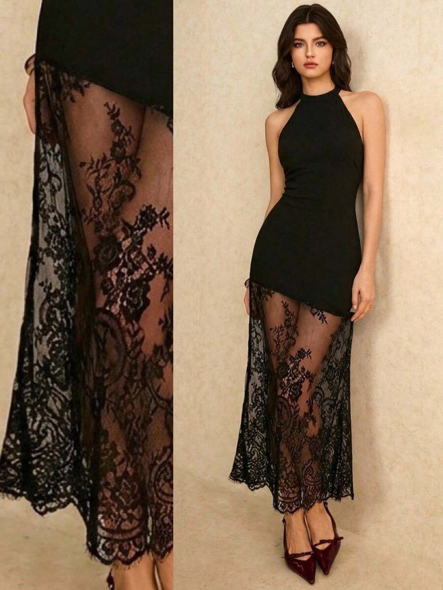 Poéselle Robe d'été élégante pour femmes, de couleur unie avec empiècement en dentelle - Noir - Voir 1