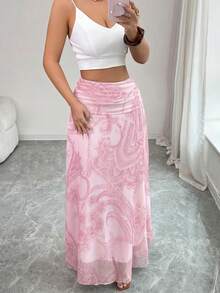 SHEIN Elenzya 女士腰果复古印花A字裙，魅力十足，适合度假、日常穿着、优雅通勤、时尚约会、法式街头风，复古百搭，棕色花卉复古印花，新款春夏长裙 - 粉色 - 查看 3