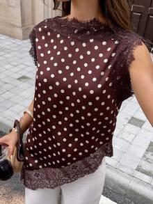 Serisse Áo kiểu nữ không tay in chấm bi phối ren tương phản - màu nâu - Xem 6