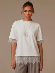 Women's Contrast Lace Round Neck Short Sleeve Casual T-Shirt - White - View 5