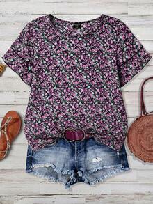 SHEIN Clasi Blusa elegante con mangas de volantes y estampado floral diminuto para mujer de talla grande, camisa versátil de verano - Rosa Fucsia - Ver 1