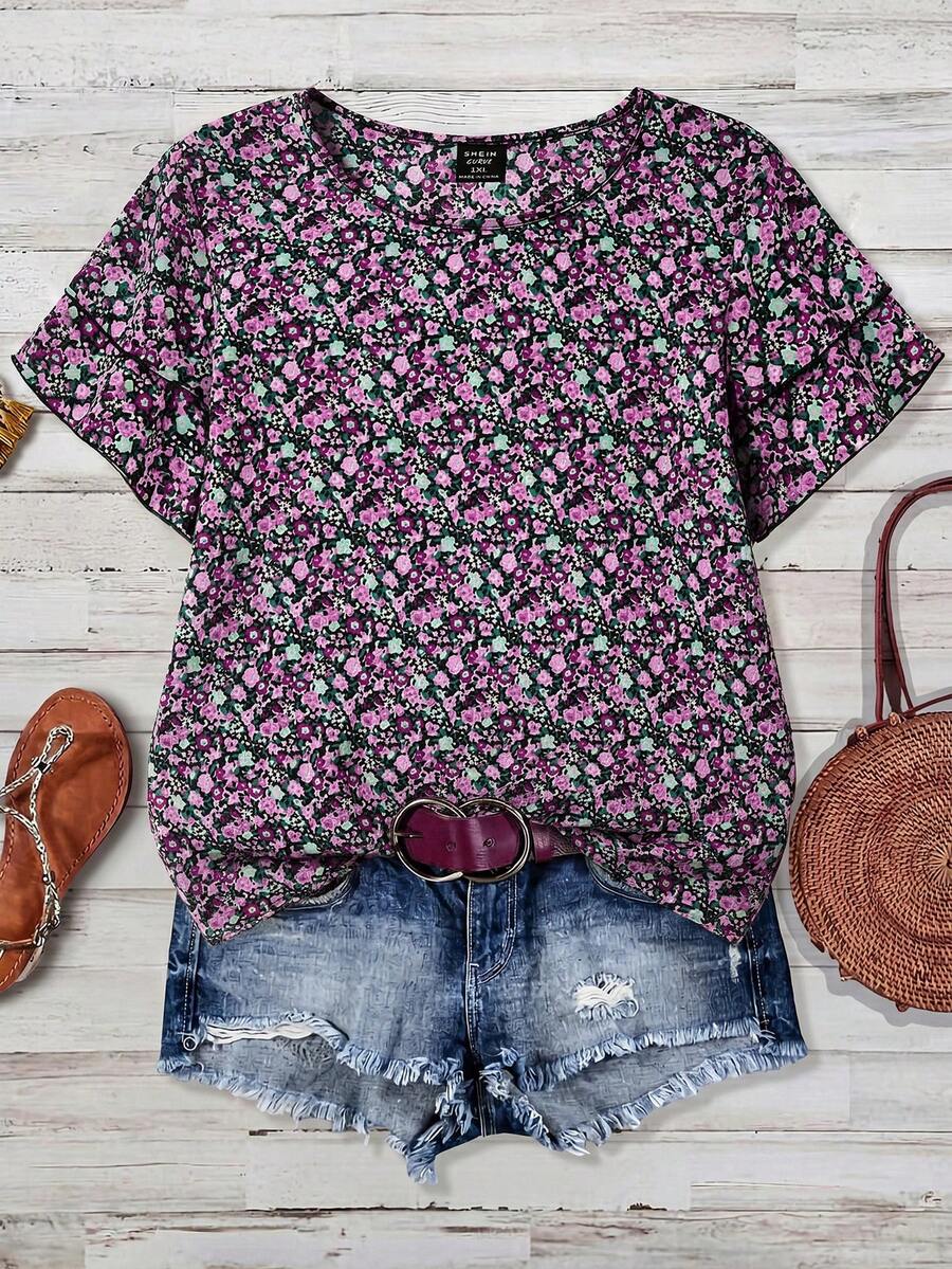 SHEIN Clasi Blusa elegante con mangas de volantes y estampado floral diminuto para mujer de talla grande, camisa versátil de verano - Rosa Fucsia - Ver 1