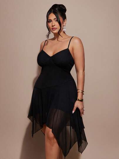 SHEIN BAE Vestido de talla grande para mujer con escote en V, tirantes finos y cola de pez de malla, color negro cisne