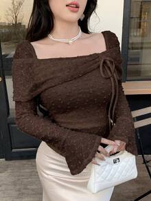 Feyla Ladies Stylish Puff Sleeve Square Neck Shirt Fashionable Shirred Dot Blouse - Coffee Brown - View 8